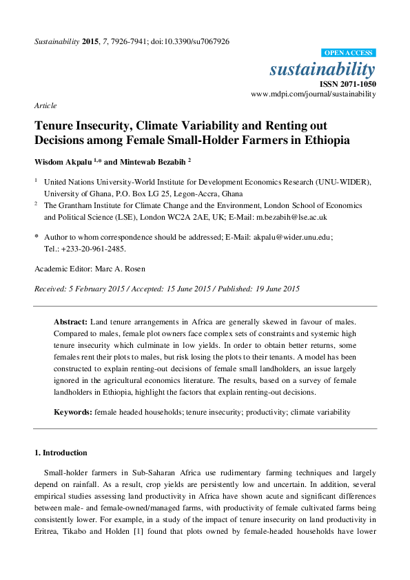 (PDF) Article Tenure Insecurity, Climate Variability and Renting out ...