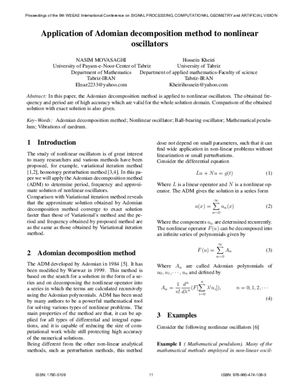 (PDF) Application of Adomian decomposition method to nonlinear oscillators