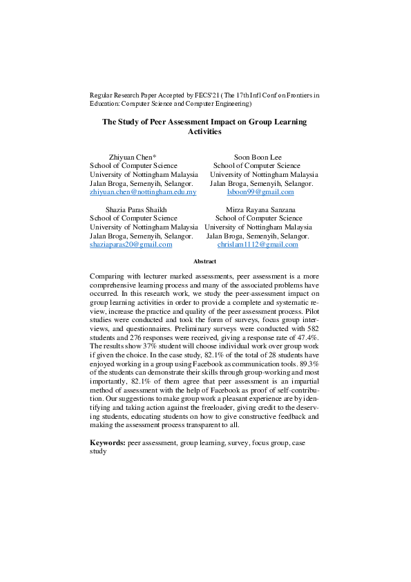 (PDF) The Study of Peer Assessment Impact on Group Learning Activities