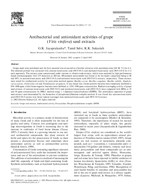 (PDF) Antibacterial and Antioxidant Activities of Grape (Vitis Vinifera ...