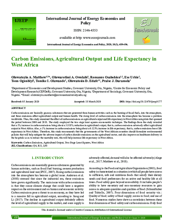 (PDF) Carbon Emissions, Agricultural Output and Life Expectancy in West ...