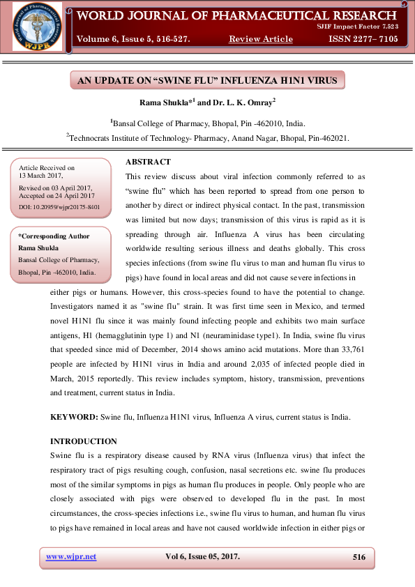 (PDF) An Update on “Swine Flu” Influenza H1N1 Virus