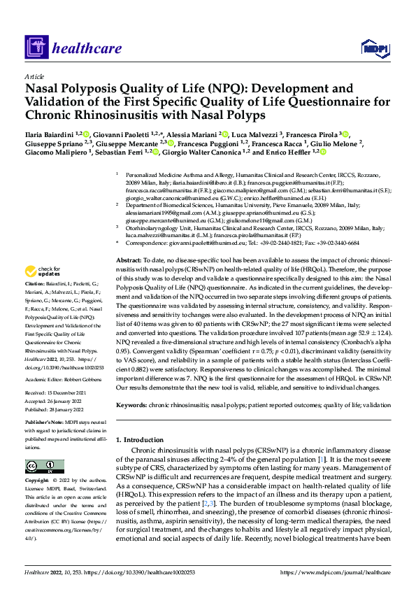 (PDF) Nasal Polyposis Quality of Life (NPQ): Development and Validation ...