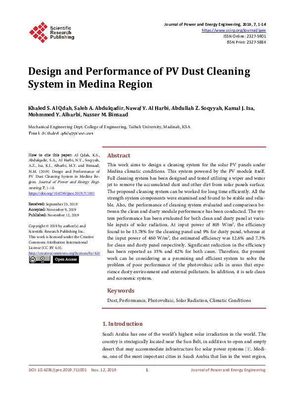 (PDF) Design and Performance of PV Dust Cleaning System in Medina Region