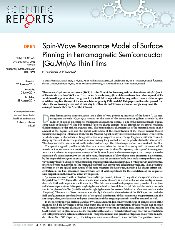 (PDF) Spin-wave resonance model of surface pinning in ferromagnetic ...