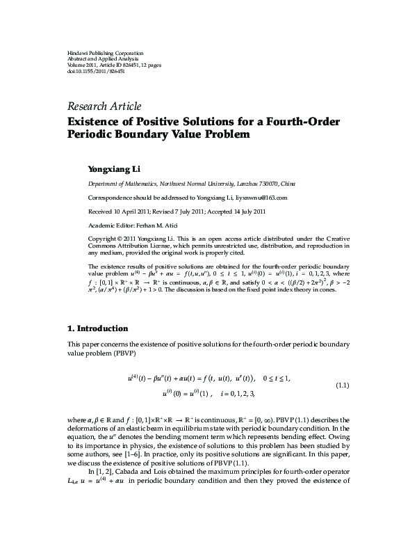 (PDF) Existence of Positive Solutions for a Fourth-Order Periodic ...