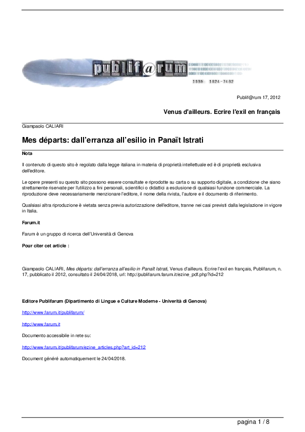 Venus d'ailleurs. Ecrire l'exil en français Mes départs: dall'erranza all'esilio in Panaït Istrati Mes départs: dall'erranza all'esilio in Panaït Istrati