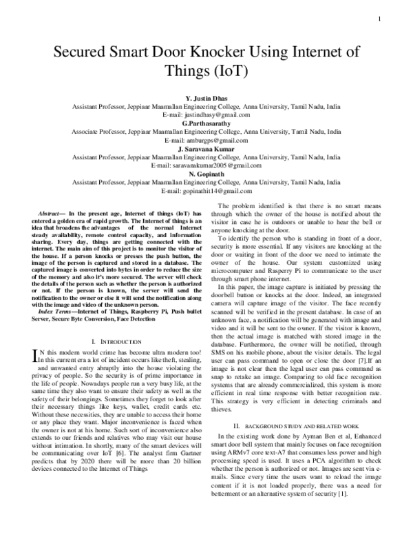 (PDF) Secured Smart Door Knocker Using Internet of Things (IoT)