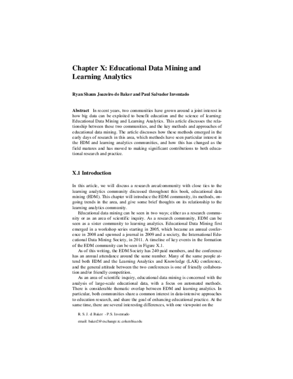 (PDF) Chapter X : Educational Data Mining and Learning Analytics