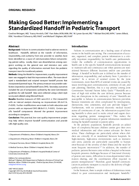 (PDF) Making Good Better: Implementing a Standardized Handoff in ...