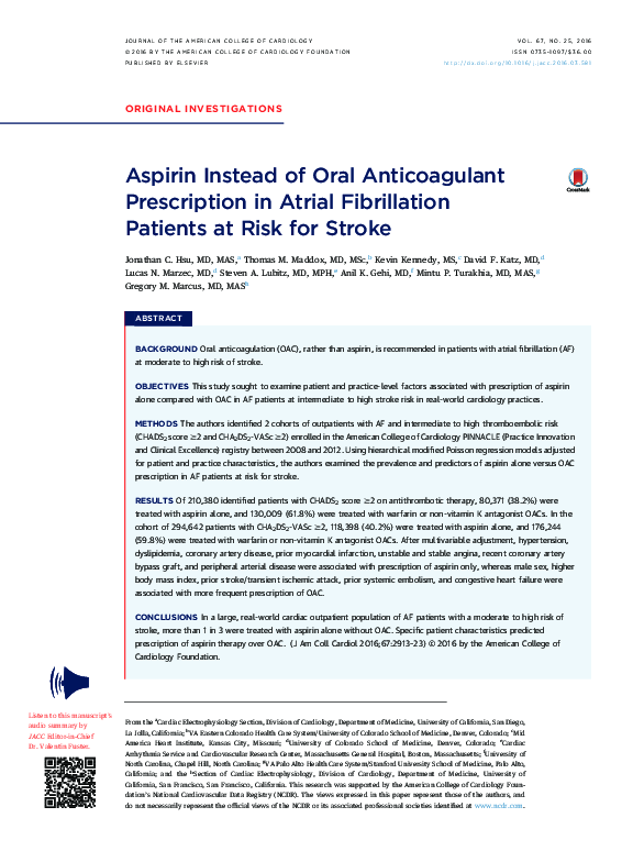(PDF) Aspirin Instead of Oral Anticoagulant Prescription in Atrial