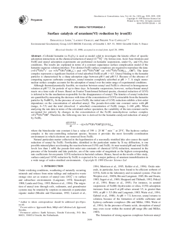 (PDF) Surface catalysis of uranium(VI) reduction by iron(II)