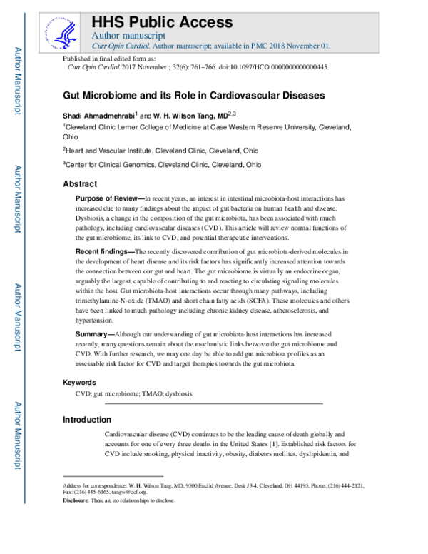 (PDF) Gut microbiome and its role in cardiovascular diseases