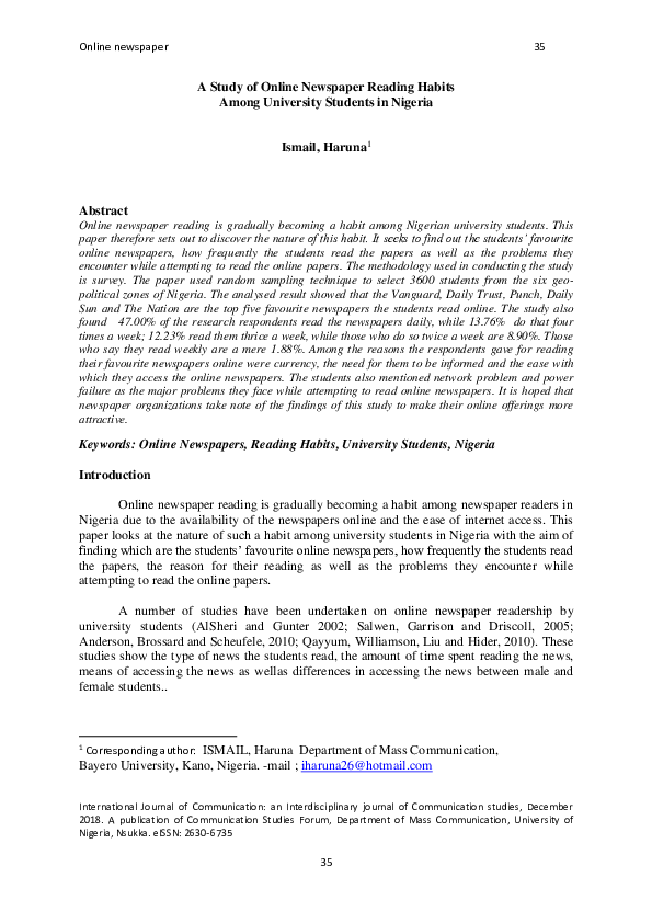 (PDF) A Study of Online Newspaper Reading Habits Among University ...