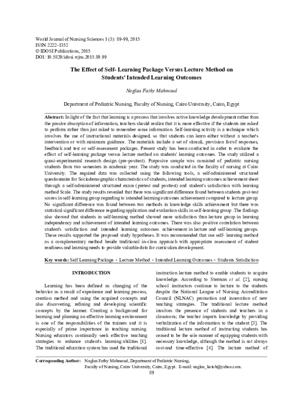 (PDF) The Effect of Self-Learning Package Versus Lecture Method on ...