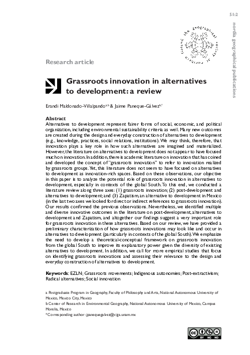 (PDF) Grassroots innovation in alternatives to development: a review