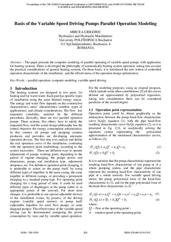 (PDF) Basis of the variable speed driving pumps parallel operation modeling