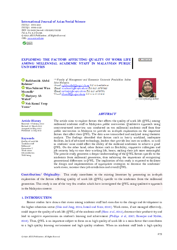 (PDF) Exploring the Factors Affecting Quality of Work Life among ...