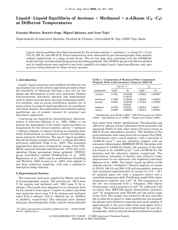 (PDF) Liquid−Liquid Equilibria of Acetone + Methanol + n -Alkane (C 6 − ...