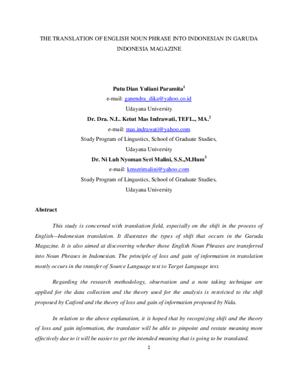 (PDF) The Translation of English Noun Phrase Into Indonesian in Garuda ...