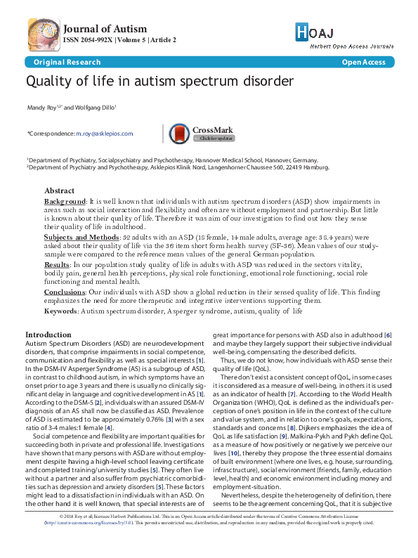 (PDF) Quality of life in autism spectrum disorder