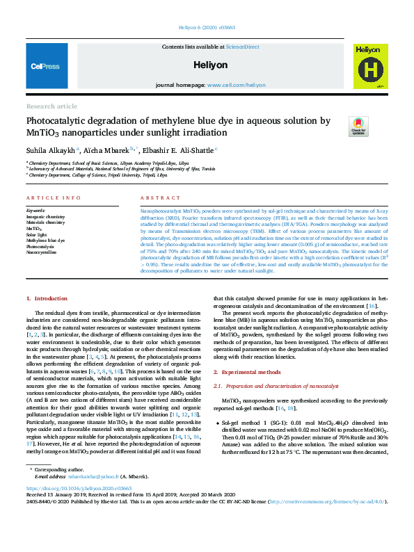 (PDF) Photocatalytic degradation of methylene blue dye in aqueous ...