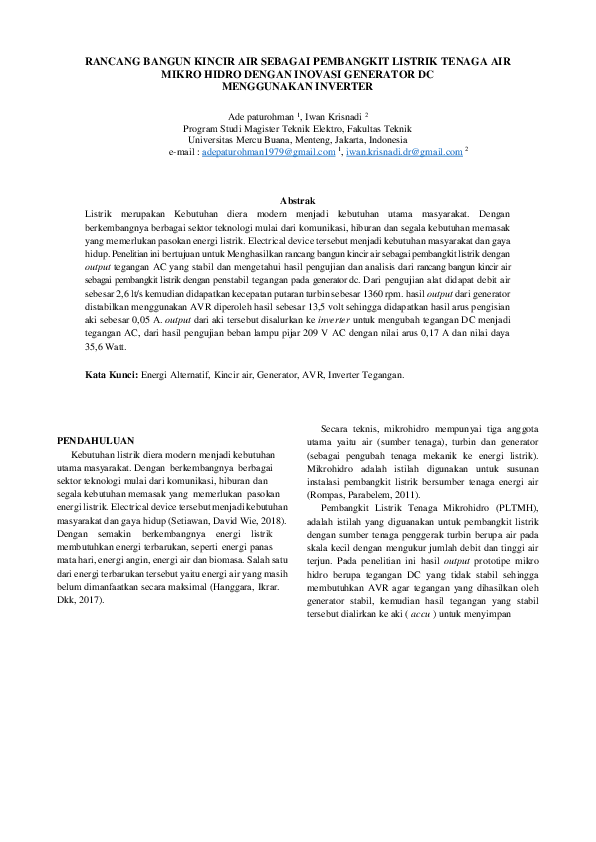 (PDF) Rancang Bangun Kincir Air sebagai Pembangkit Listrik Tenaga Air