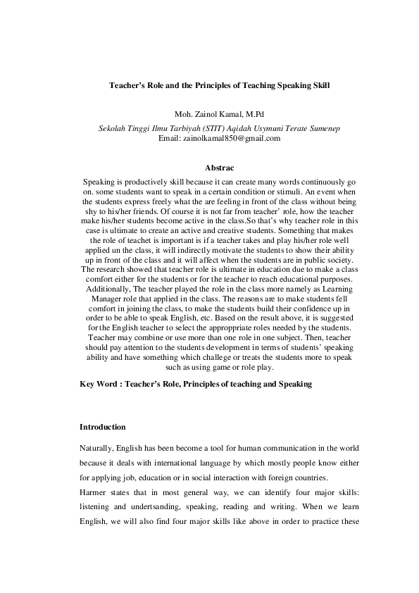 (PDF) Teacher’s Role and the Principles of Teaching Speaking Skill
