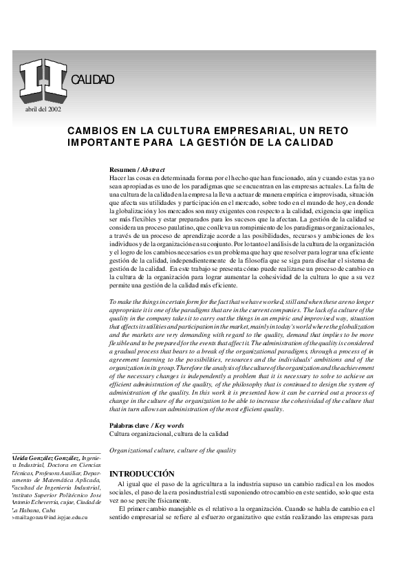 (PDF) Cambios en La Cultura Empresarial, Un Reto Importante Para La ...