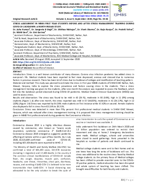 (PDF) Stress Assessment in MBBS First Year Students Before and After ...