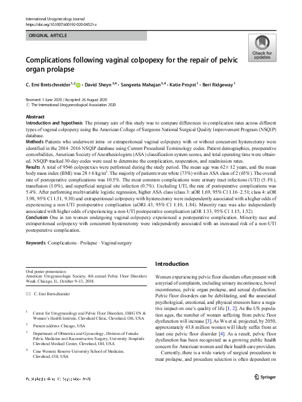 (PDF) Complications following vaginal colpopexy for the repair of ...