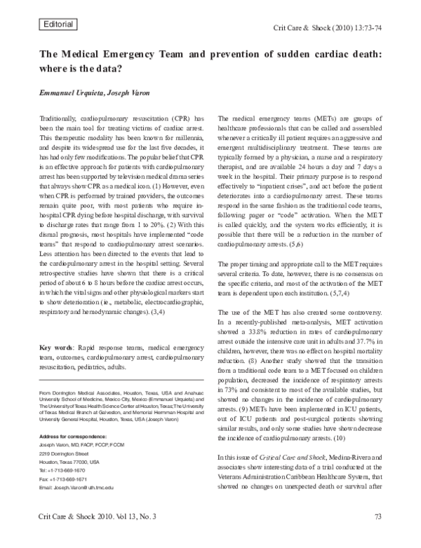 (PDF) The Medical Emergency Team and prevention of sudden cardiac death ...