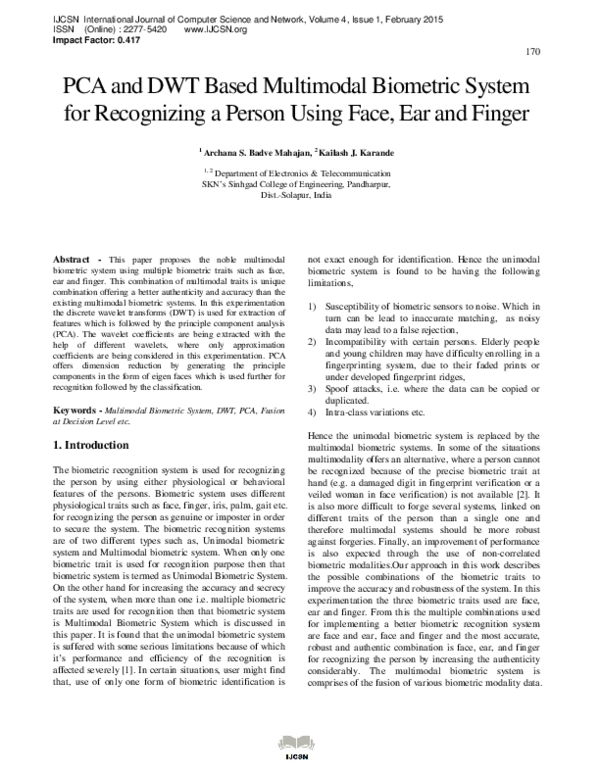 (PDF) PCA and DWT Based Multimodal Biometric System for Recognizing a ...