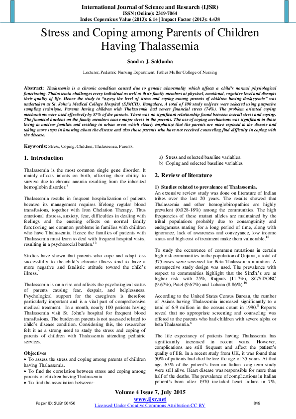 (PDF) Stress and Coping among Parents of Children Having Thalassemia