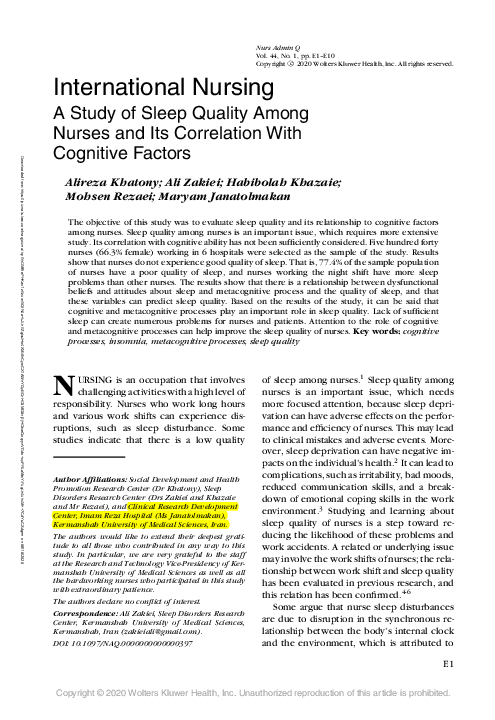 (PDF) A Study of Sleep Quality Among Nurses and Its Correlation With ...