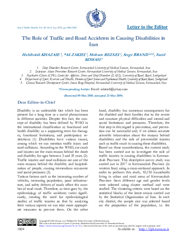  PDF The Role Of Traffic And Road Accidents In Causing Disabilities In 