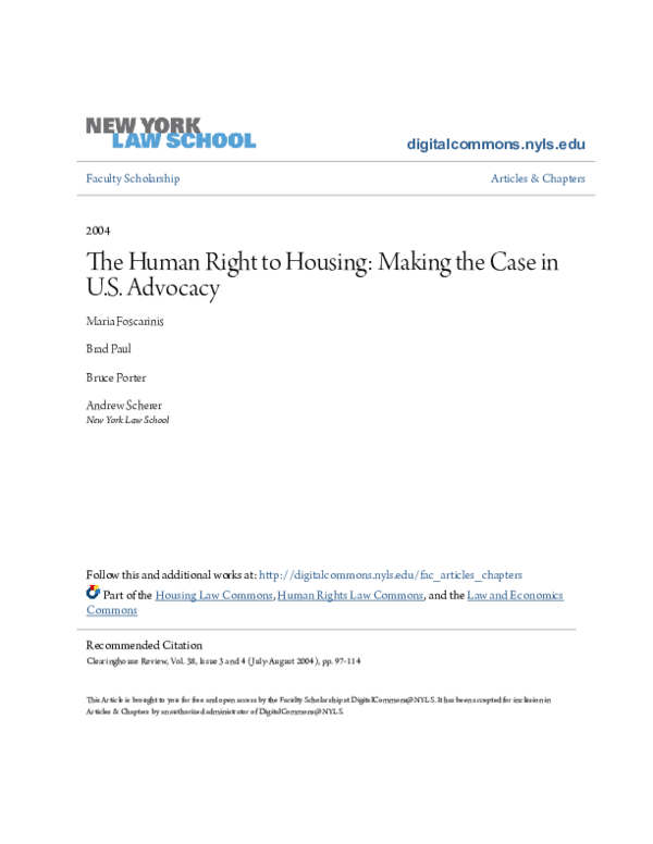 (PDF) The Human Right to Housing: Making the Case in US Advocacy
