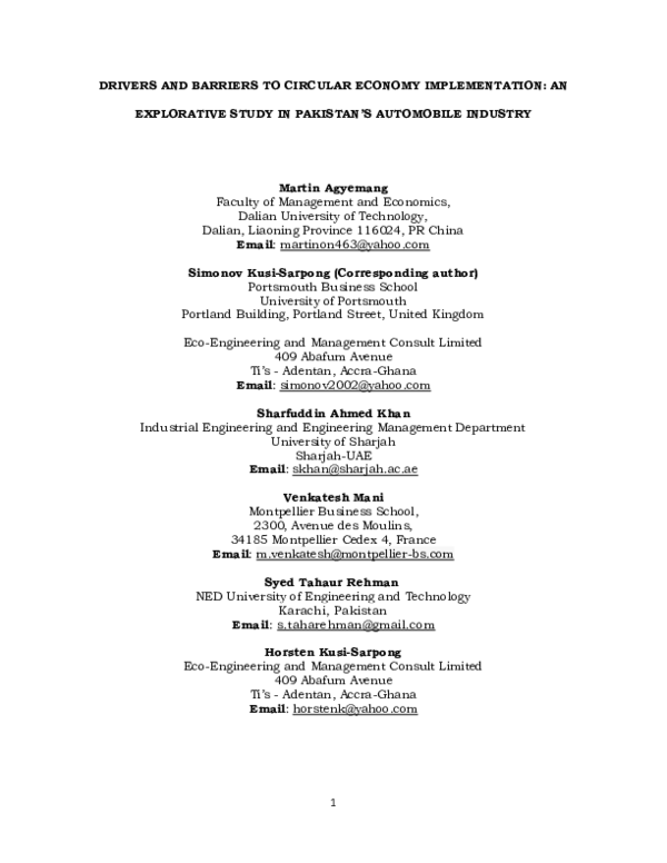 (PDF) Drivers and barriers to circular economy implementation