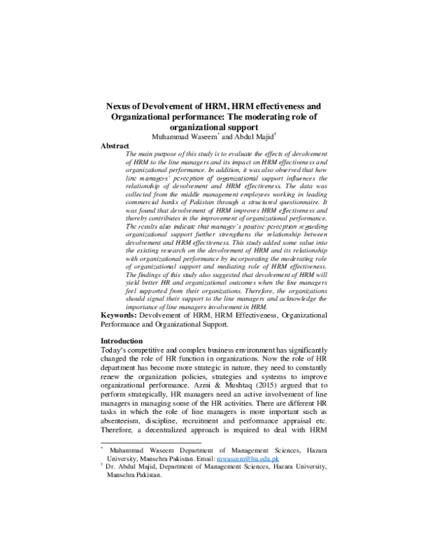 (PDF) Nexus of Devolvement of HRM, HRM effectiveness and Organizational ...