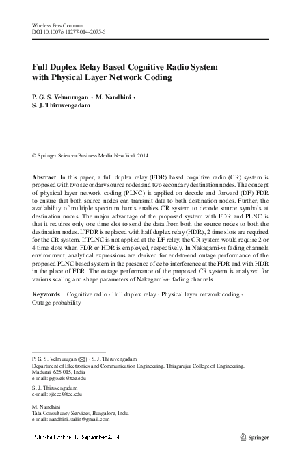 (PDF) Full Duplex Relay Based Cognitive Radio System with Physical ...