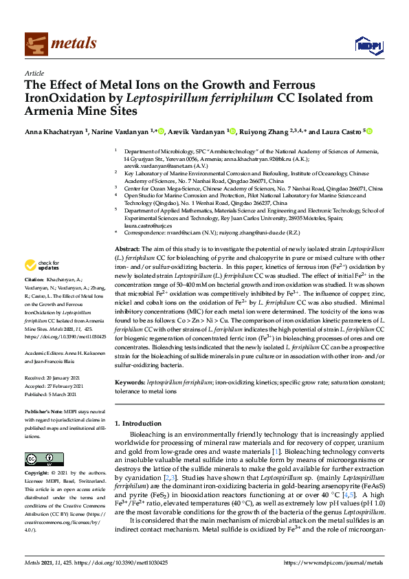 (PDF) The Effect of Metal Ions on the Growth and Ferrous IronOxidation ...