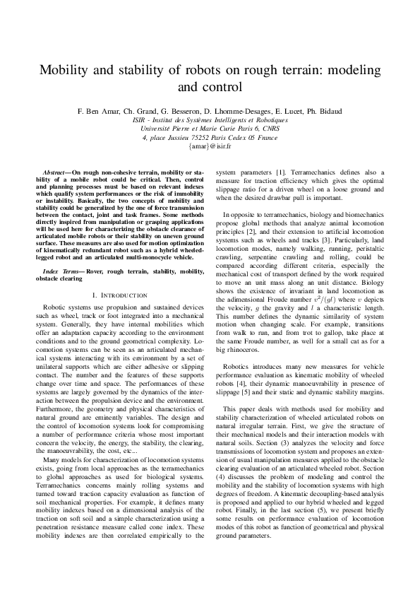 (PDF) Mobility and stability of robots on rough terrain : modeling and ...