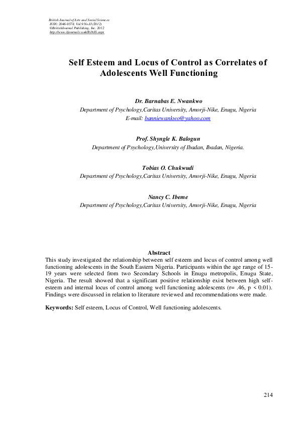 (PDF) Self Esteem and Locus of Control as Correlates of Adolescents ...