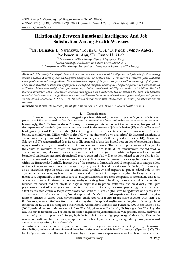 (PDF) Relationship Between Emotional Intelligence And Job Satisfaction ...