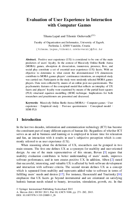 (PDF) Evaluation of User Experience in Interaction with Computer Games