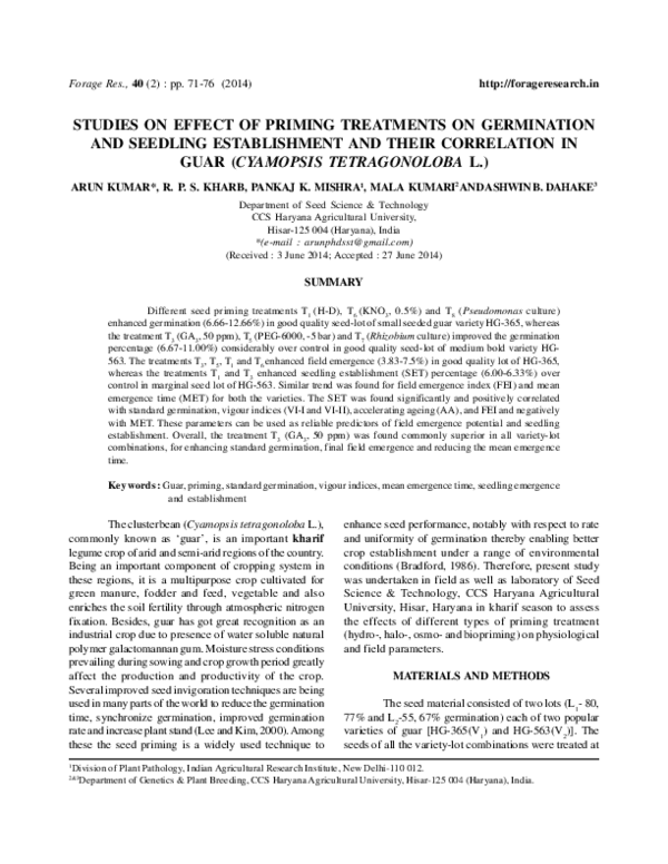 (PDF) Studies on Effect of Priming Treatments on Germination and ...