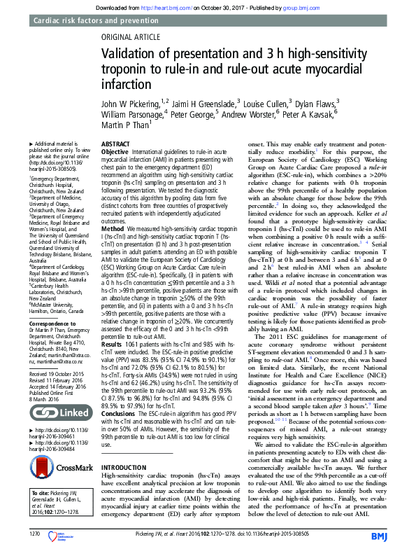 (PDF) Validation of presentation and 3 h high-sensitivity troponin to ...