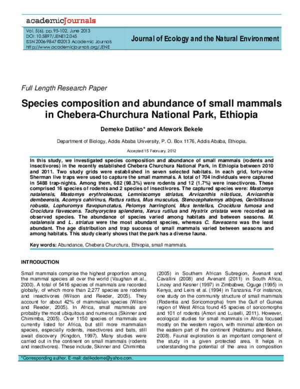 (PDF) Species composition and abundance of small mammals in Chebera ...