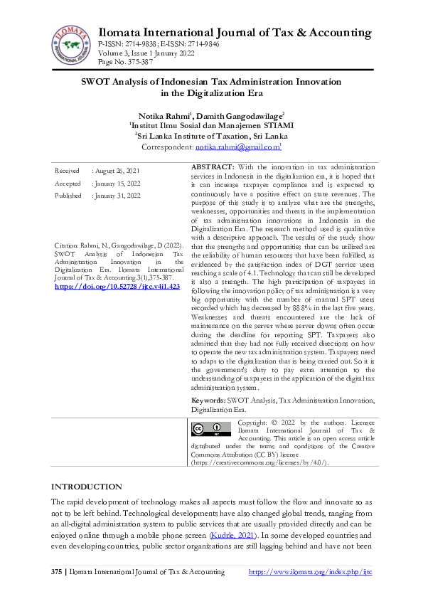(PDF) SWOT Analysis of Indonesian Tax Administration Innovation in the ...