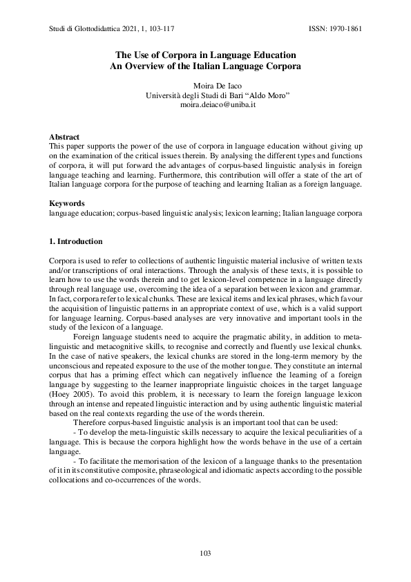 (PDF) The Use of Corpora in Language Education. An Overview of the ...